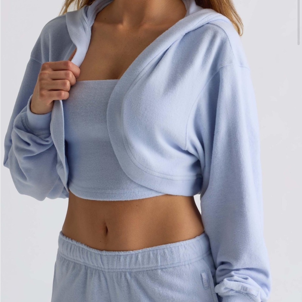 Bo + Tee Brushed Jersey Hooded Cropped Shrug In Soft Blue M fit